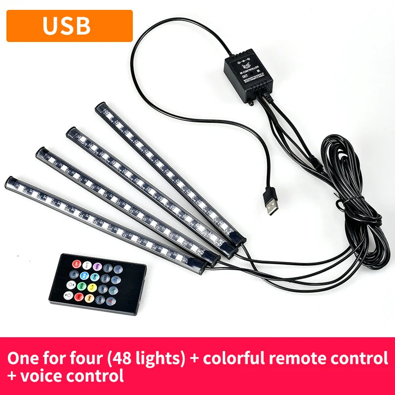 12 LED Car Interior Floor Foot Lamp AUTO Decoration Light with USB Multiple Modes Car Styling Atmosphere RGB Neon Lamp Strips