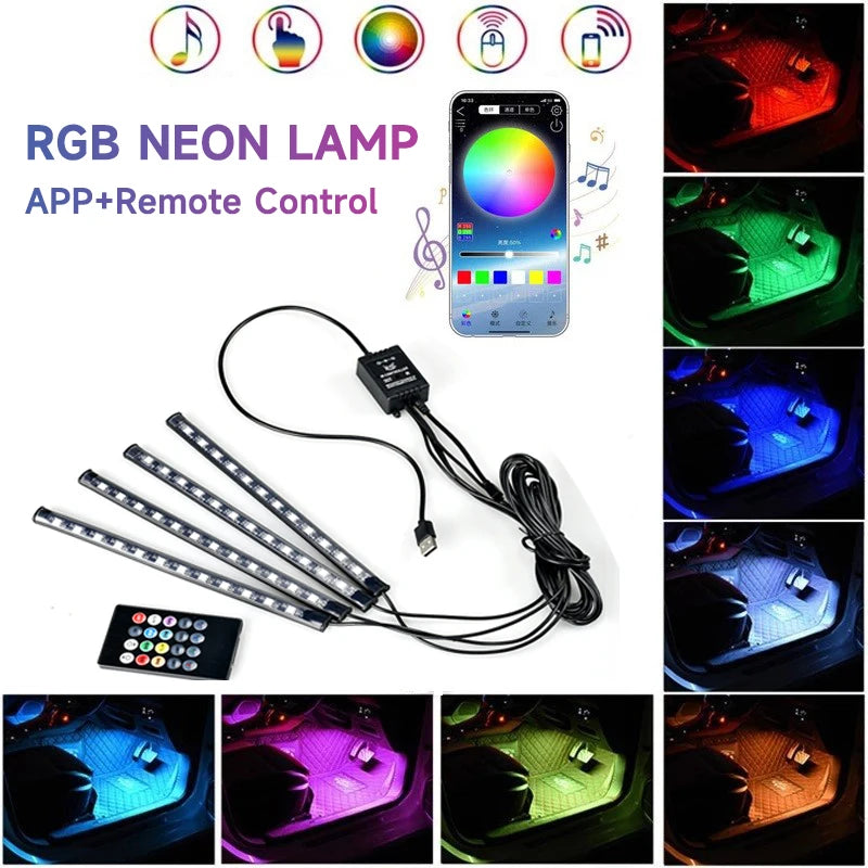 12 LED Car Interior Floor Foot Lamp AUTO Decoration Light with USB Multiple Modes Car Styling Atmosphere RGB Neon Lamp Strips