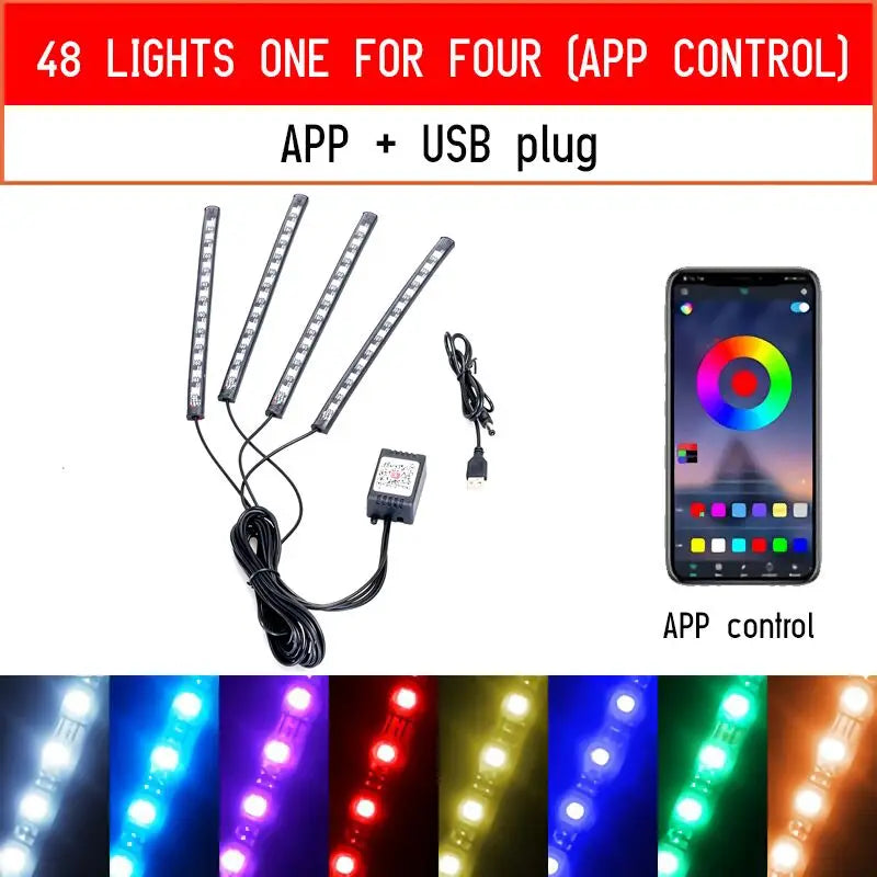 12 LED Car Interior Floor Foot Lamp AUTO Decoration Light with USB Multiple Modes Car Styling Atmosphere RGB Neon Lamp Strips
