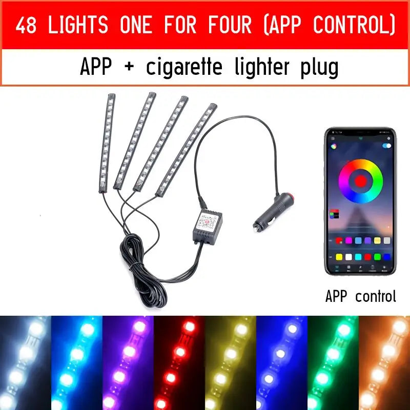 12 LED Car Interior Floor Foot Lamp AUTO Decoration Light with USB Multiple Modes Car Styling Atmosphere RGB Neon Lamp Strips