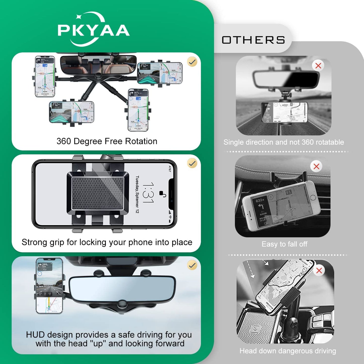 Rearview Mirror Phone Holder for Car, 360° Rotating Rear View Mount with Adjustable Arm Length, Multifunctional and GPS Universal Car All Smartphones